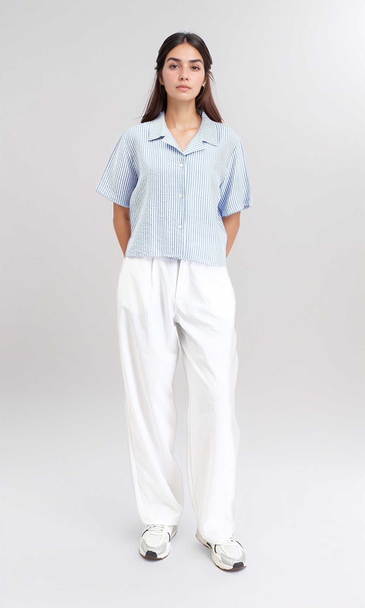R210612 - Striped Short Sleeves Casual Shirt - Light Blue & White