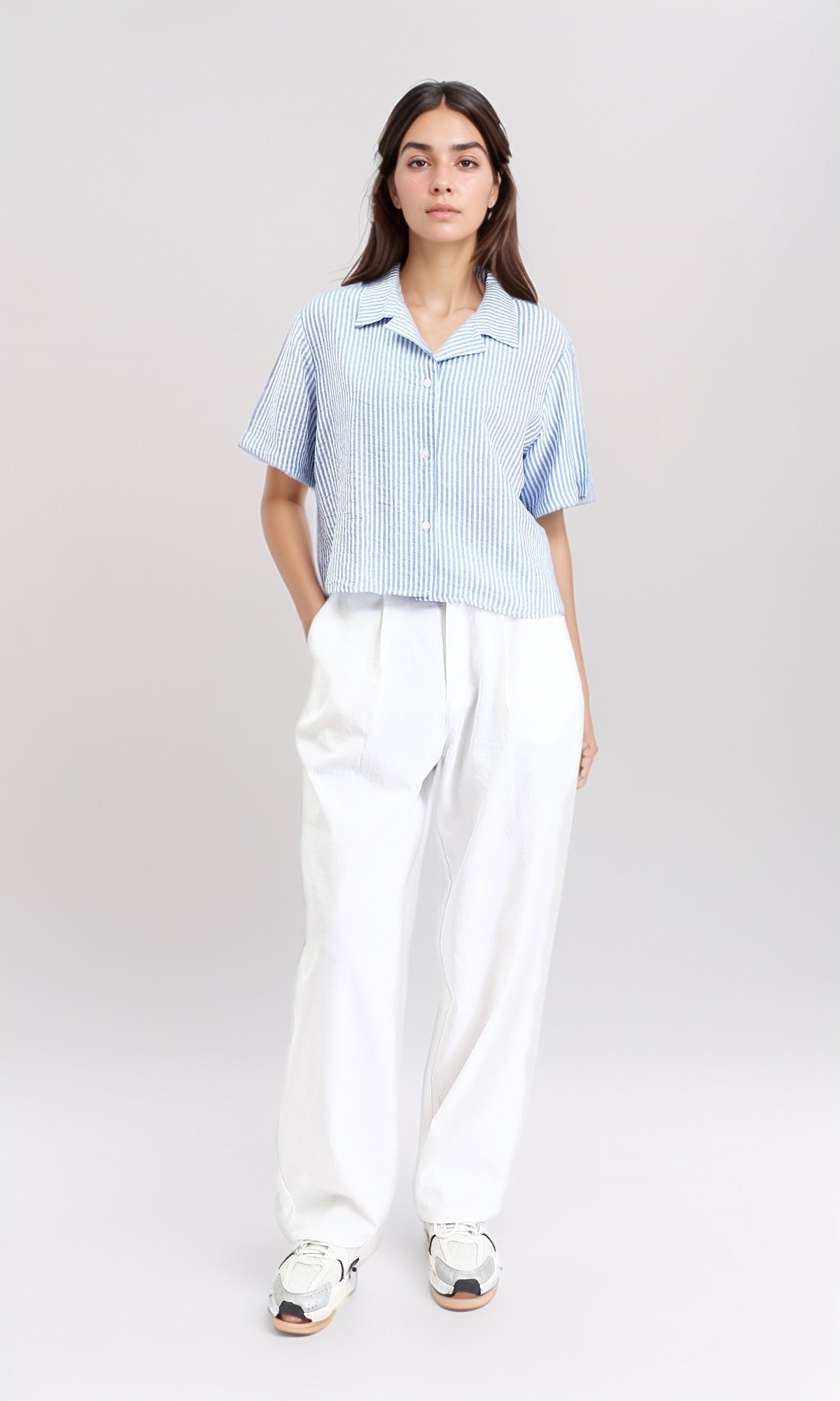 R210612 - Striped Short Sleeves Casual Shirt - Light Blue & White