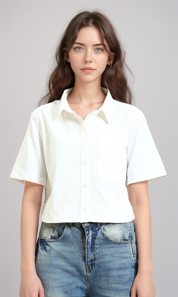 R210614 - Textured Elbow Sleeve Short Shirt - White