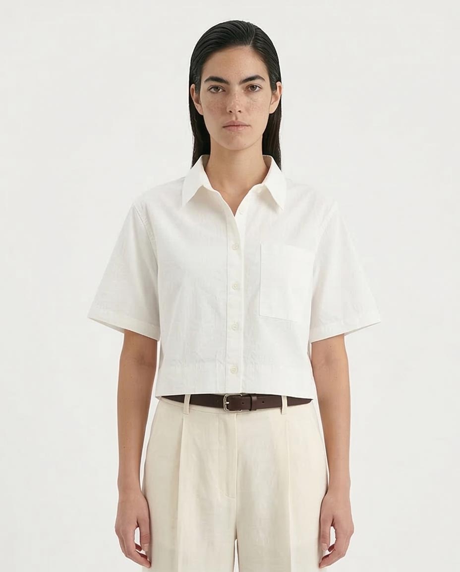 Ravin Women's Textured Cotton Cropped Boxy Shirt - White