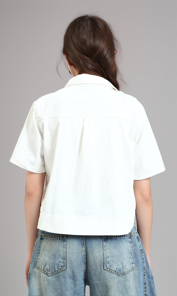 R210614 - Textured Elbow Sleeve Short Shirt - White