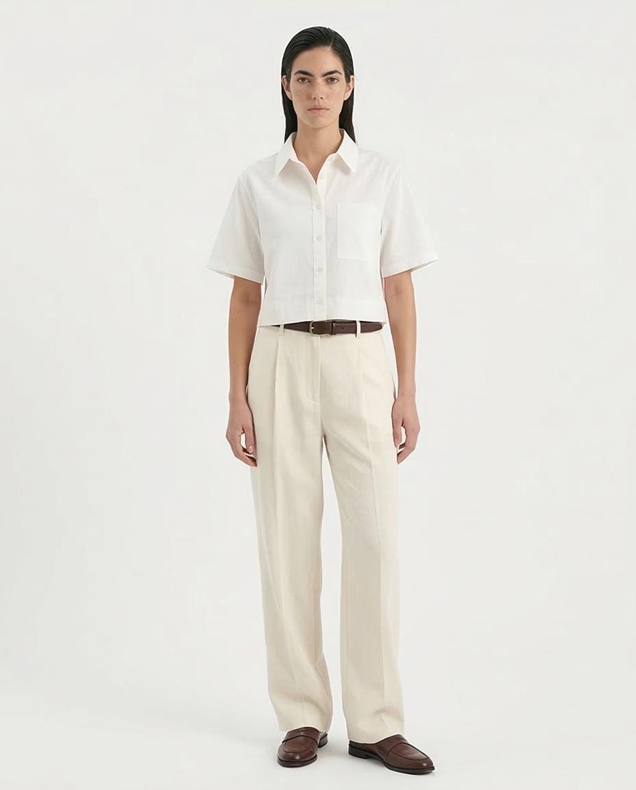 قميص رافين نسائي قصير فضفاض من القطن المنسوج - أبيض - R210614