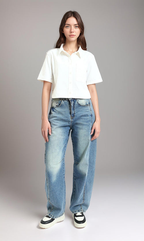 R210614 - Textured Elbow Sleeve Short Shirt - White