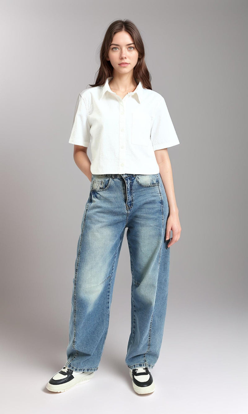 R210614 - Textured Elbow Sleeve Short Shirt - White