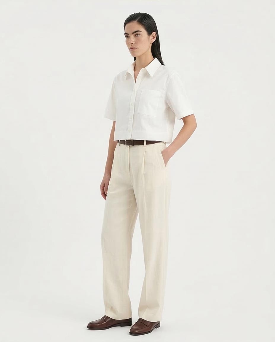 قميص رافين نسائي قصير فضفاض من القطن المنسوج - أبيض - R210614