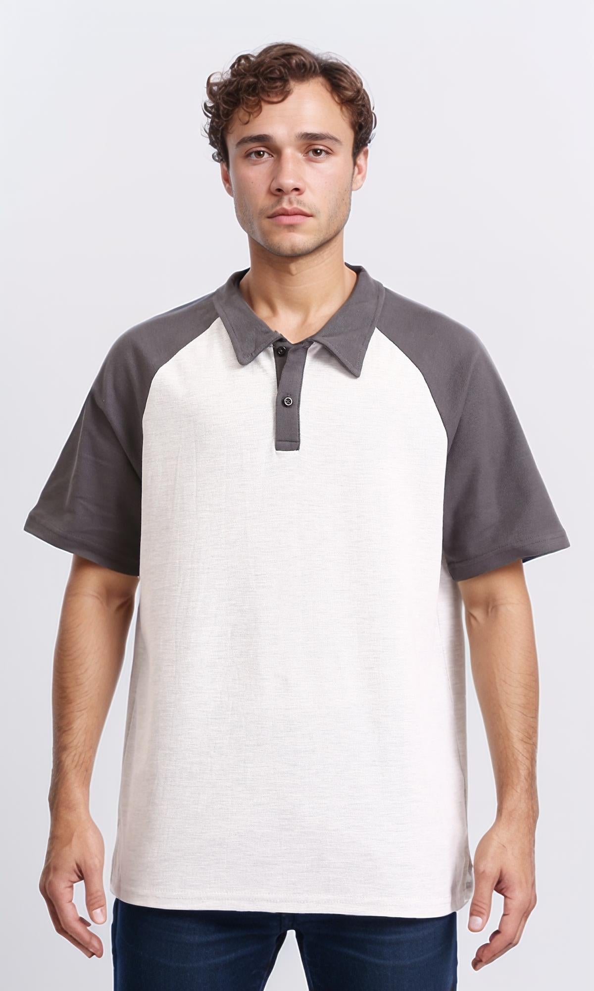 Bi-Tone Buttoned Polo Shirt - Dark Grey & White
