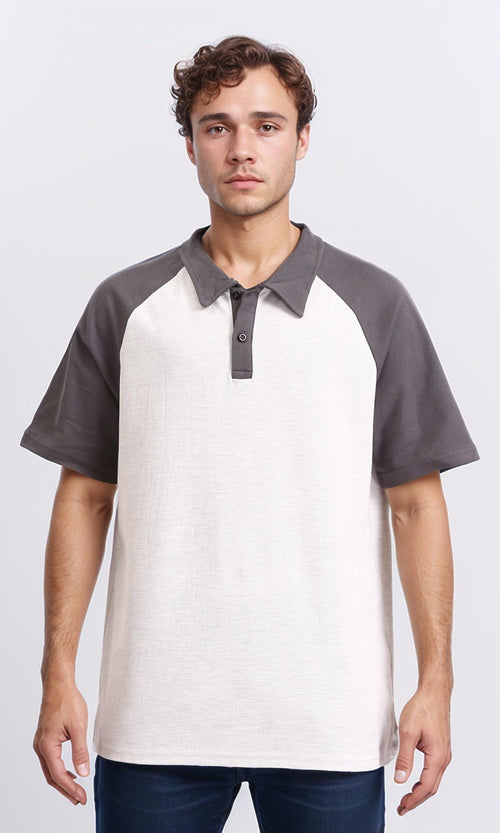 R210620 - Bi-Tone Buttoned Polo Shirt - Dark Grey & White