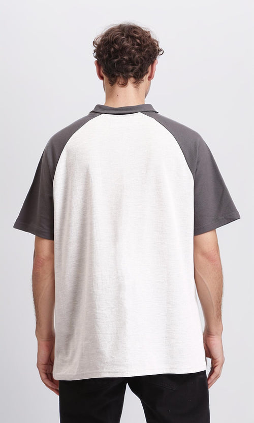 R210620 - Bi-Tone Buttoned Polo Shirt - Dark Grey & White