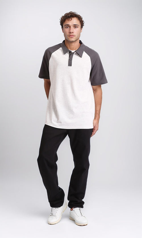 R210620 - Bi-Tone Buttoned Polo Shirt - Dark Grey & White