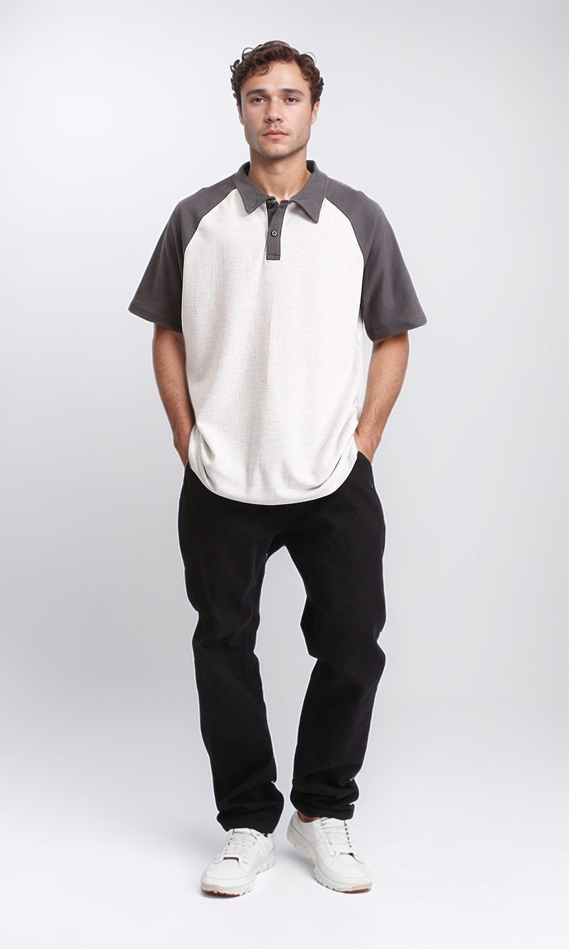 R210620 - Bi-Tone Buttoned Polo Shirt - Dark Grey & White