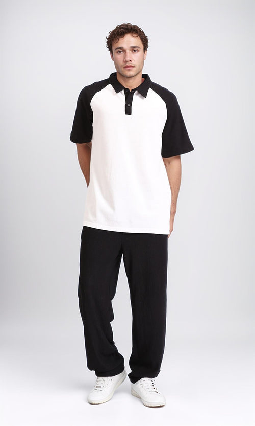 R210621 - Bi-Tone Buttoned Polo Shirt - Black & White