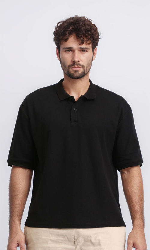 R210622 - Elbow Sleeves Solid Polo Shirt - Black