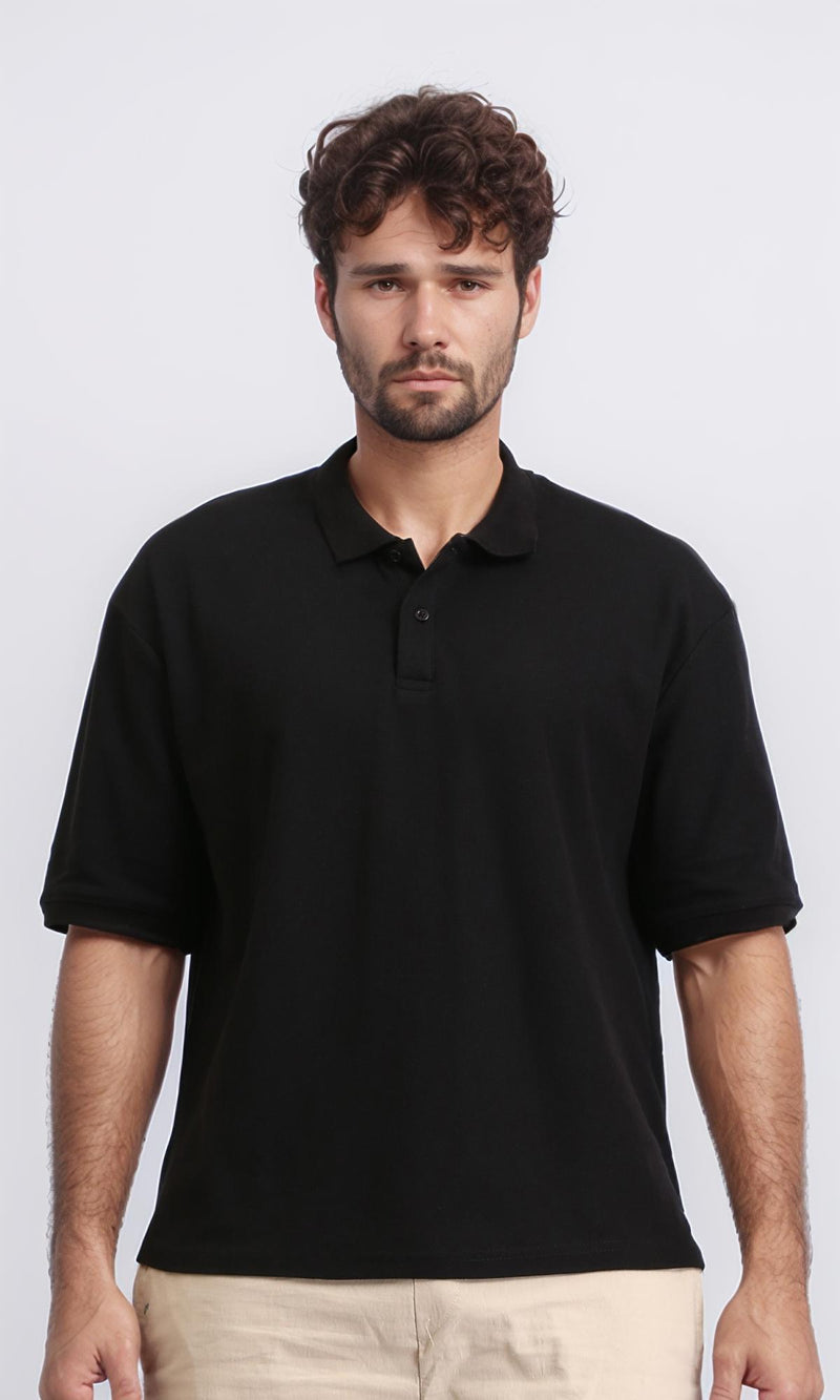 R210622 - Elbow Sleeves Solid Polo Shirt - Black