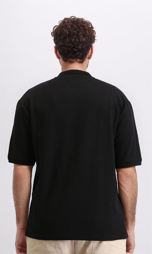 R210622 - Elbow Sleeves Solid Polo Shirt - Black
