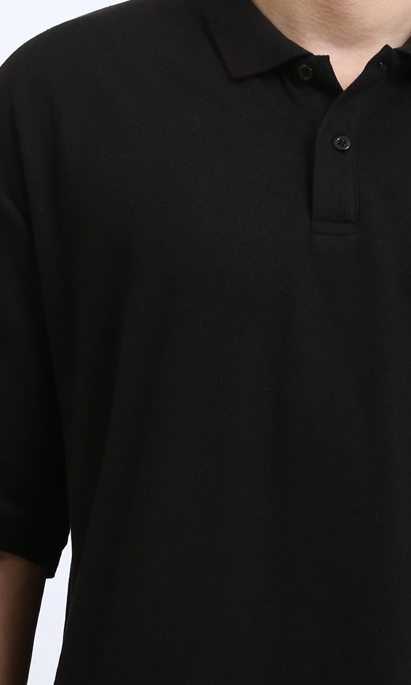 R210622 - Elbow Sleeves Solid Polo Shirt - Black