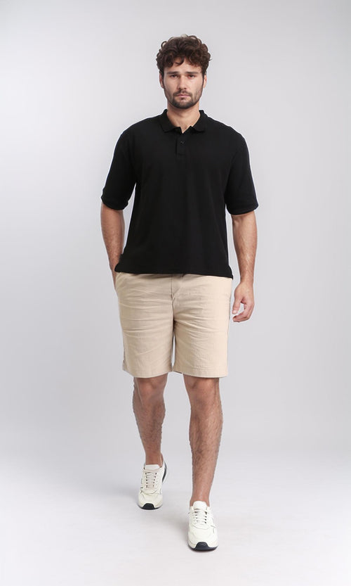 R210622 - Elbow Sleeves Solid Polo Shirt - Black