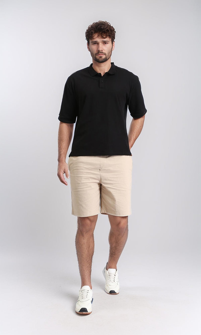 R210622 - Elbow Sleeves Solid Polo Shirt - Black