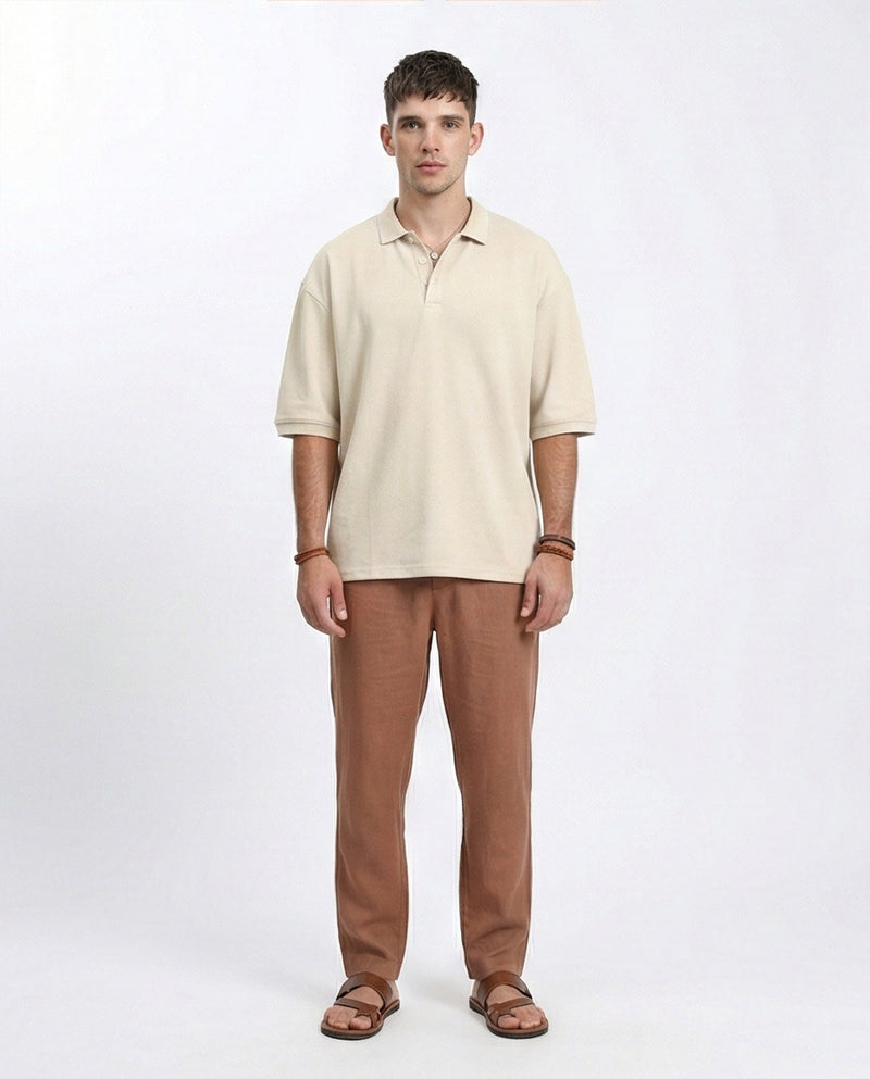 R210623 - Solid Elbow Sleeves Polo Shirt - Beige