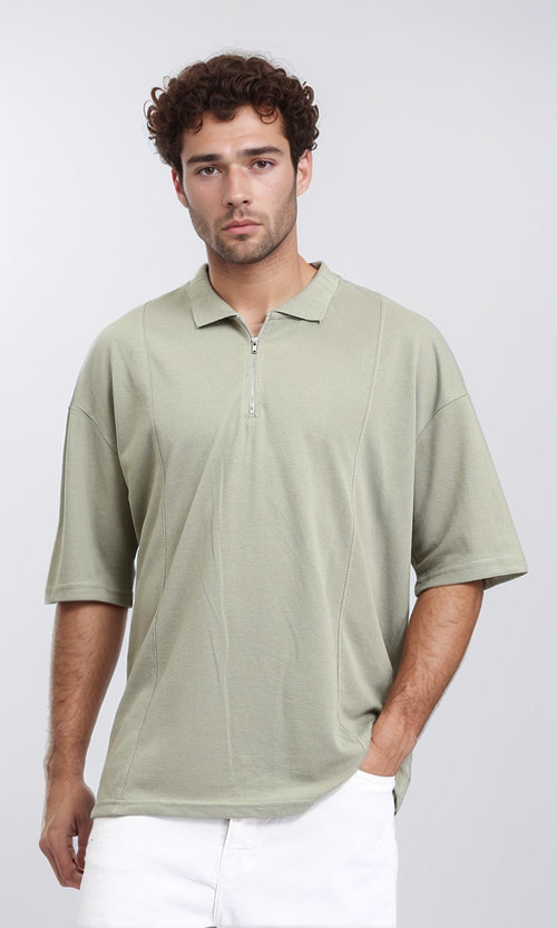 Relaxed Fit Zipped Polo Shirt - Olive