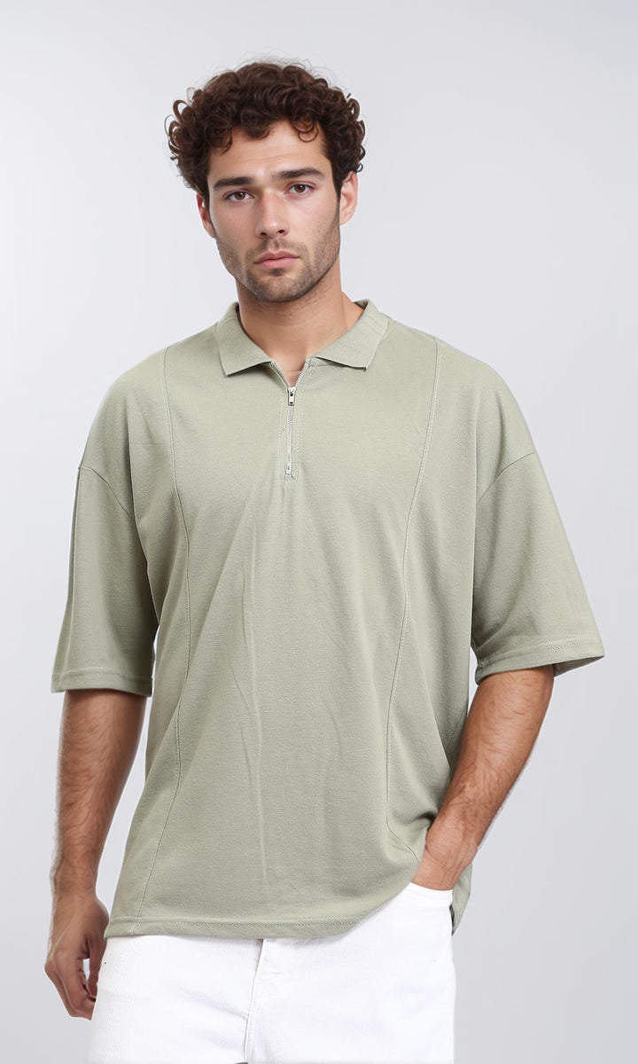 Relaxed Fit Zipped Polo Shirt - Olive