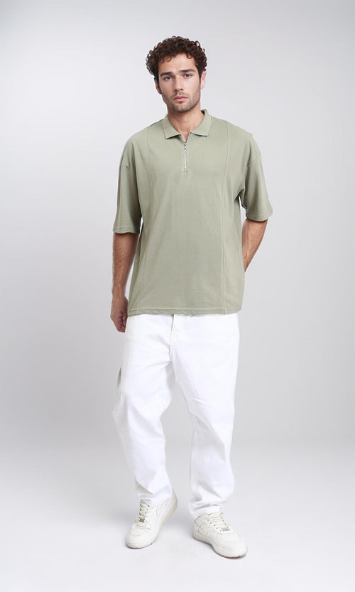 R210627 - Relaxed Fit Zipped Polo Shirt - Olive