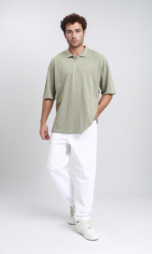 R210627 - Relaxed Fit Zipped Polo Shirt - Olive