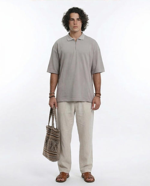 Ravin Men's Seam-Detail Oversized Quarter-Zip Polo - Taupe - R210628