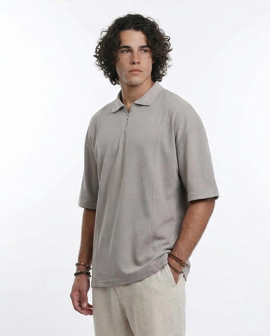 Ravin Men's Seam-Detail Oversized Quarter-Zip Polo - Taupe - R210628