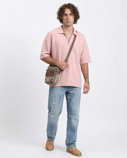 Ravin Men’s Oversized Textured Knit Zip-Polo – Dusty Rose - R210630