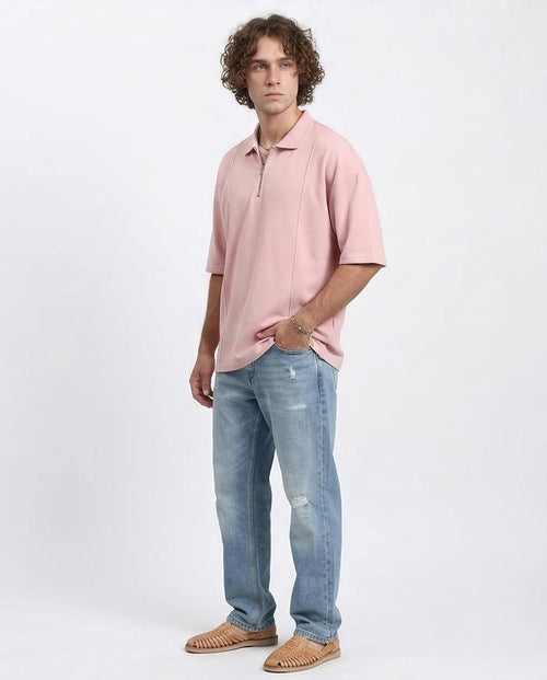Ravin Men’s Oversized Textured Knit Zip-Polo – Dusty Rose - R210630