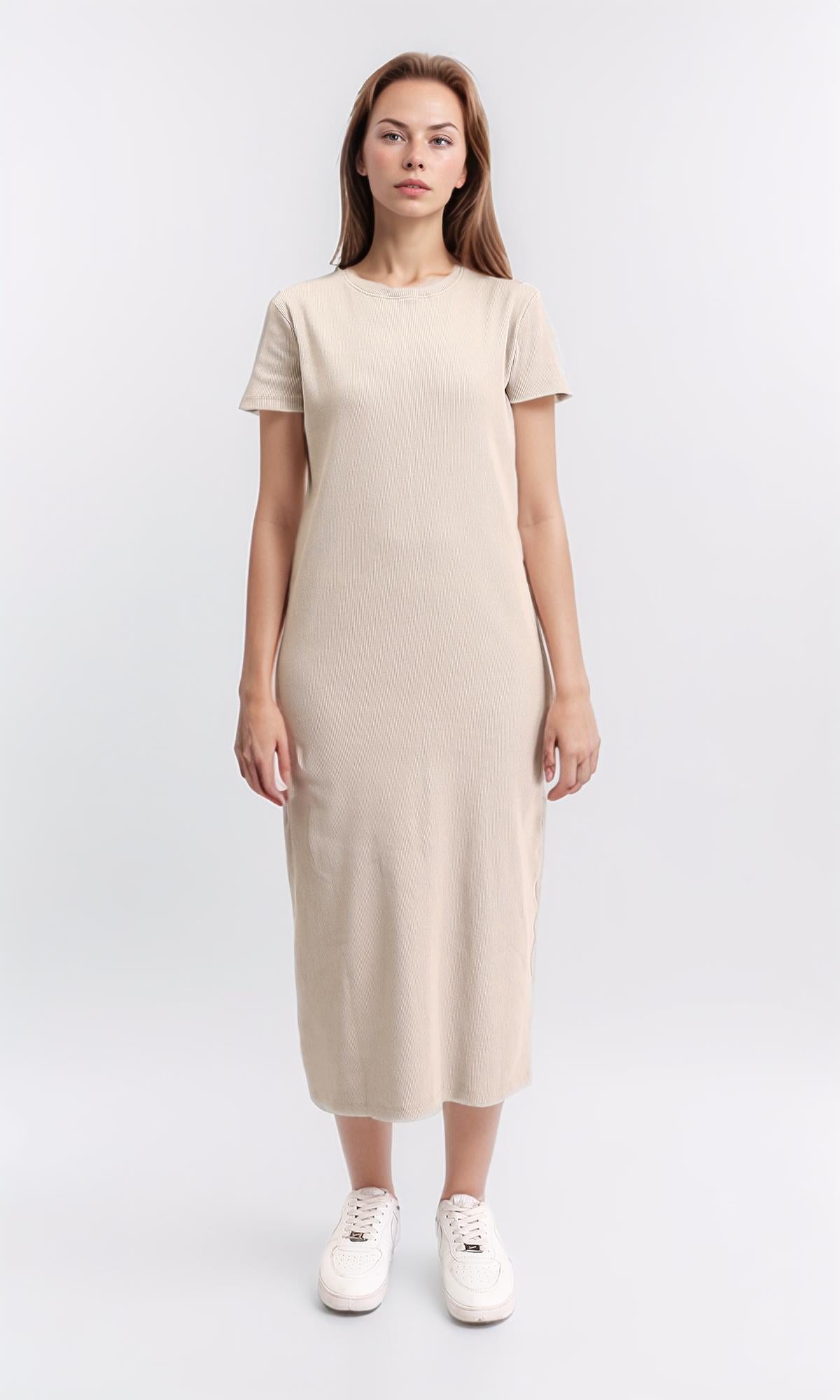 Slip On Short Sleeves Midi Dress - Ecru