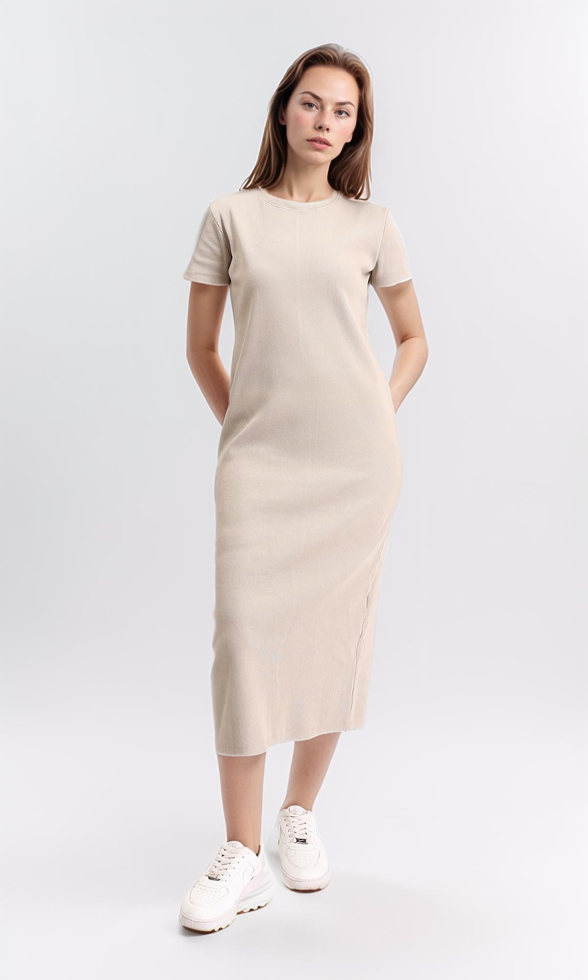 R210654 - Slip On Short Sleeves Midi Dress - Ecru