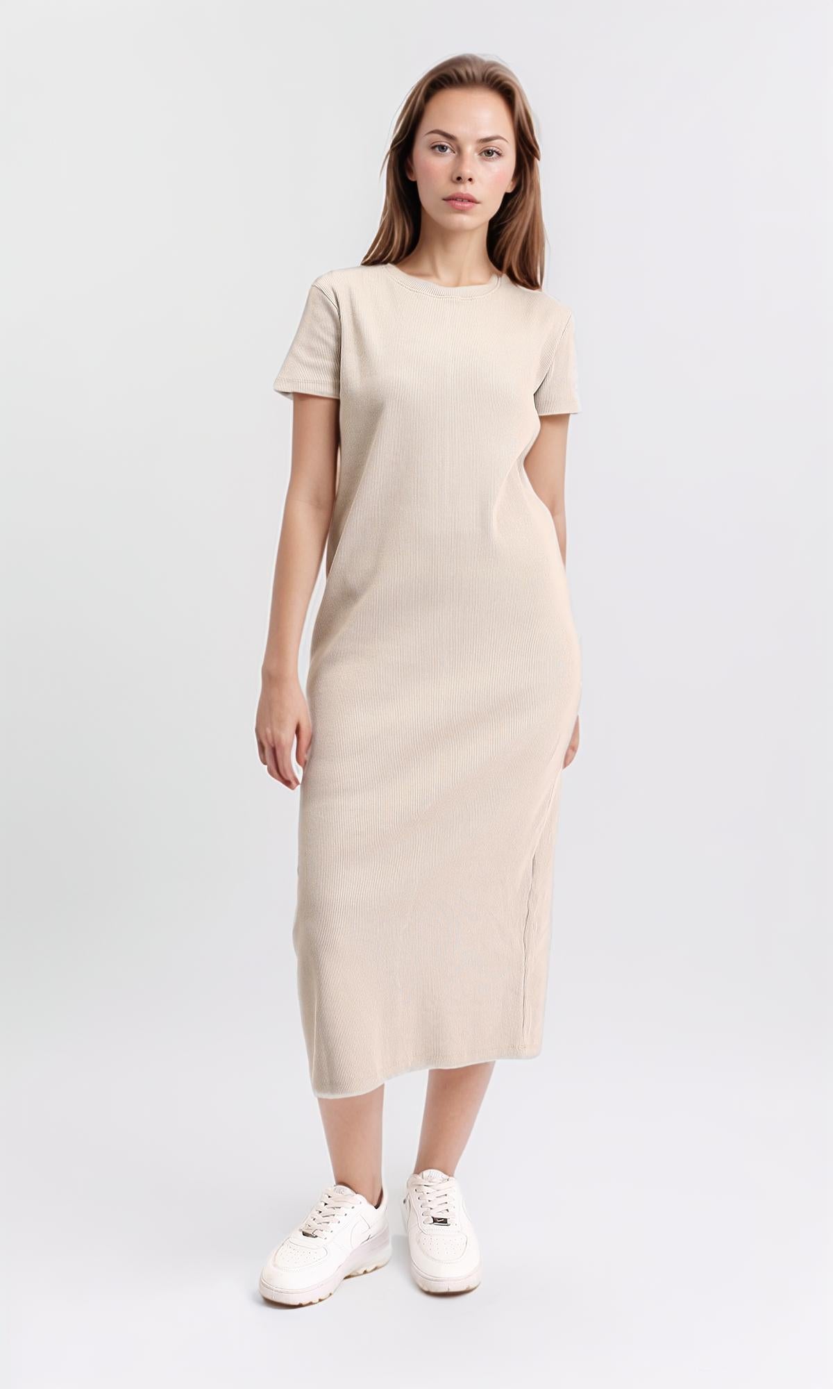 R210654 - Slip On Short Sleeves Midi Dress - Ecru