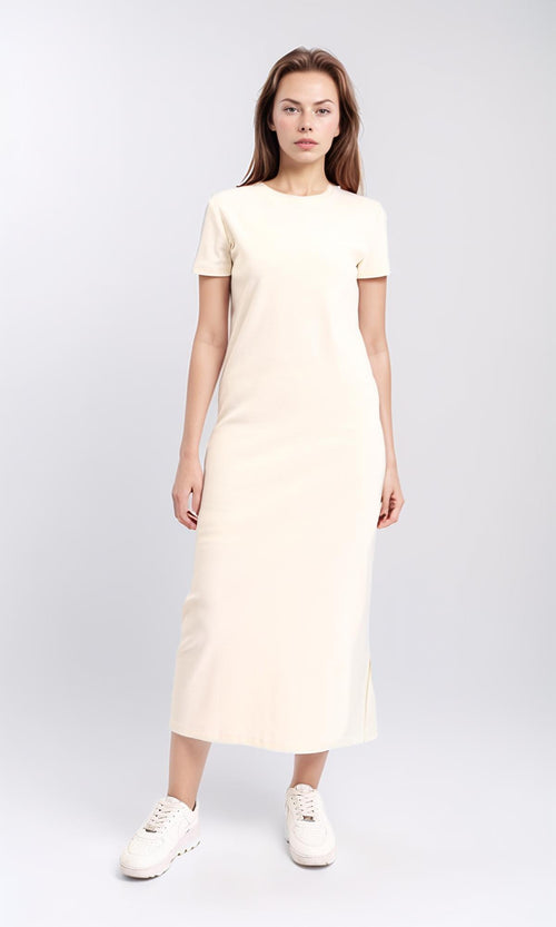 R210659 - Slip On Short Sleeves Midi Dress - Beige