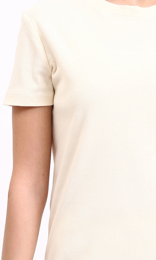 R210659 - Slip On Short Sleeves Midi Dress - Beige