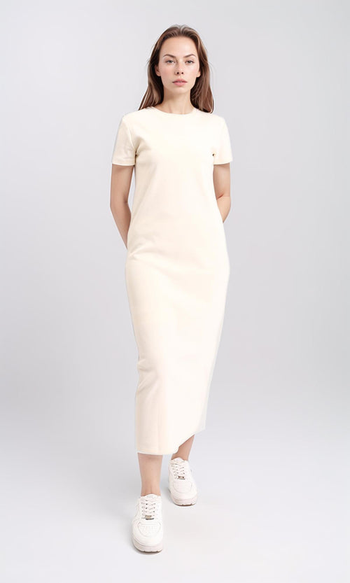 R210659 - Slip On Short Sleeves Midi Dress - Beige