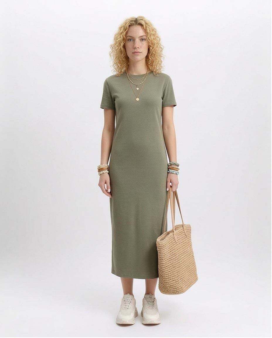 Short Sleeves Solid Midi Dress - Olive