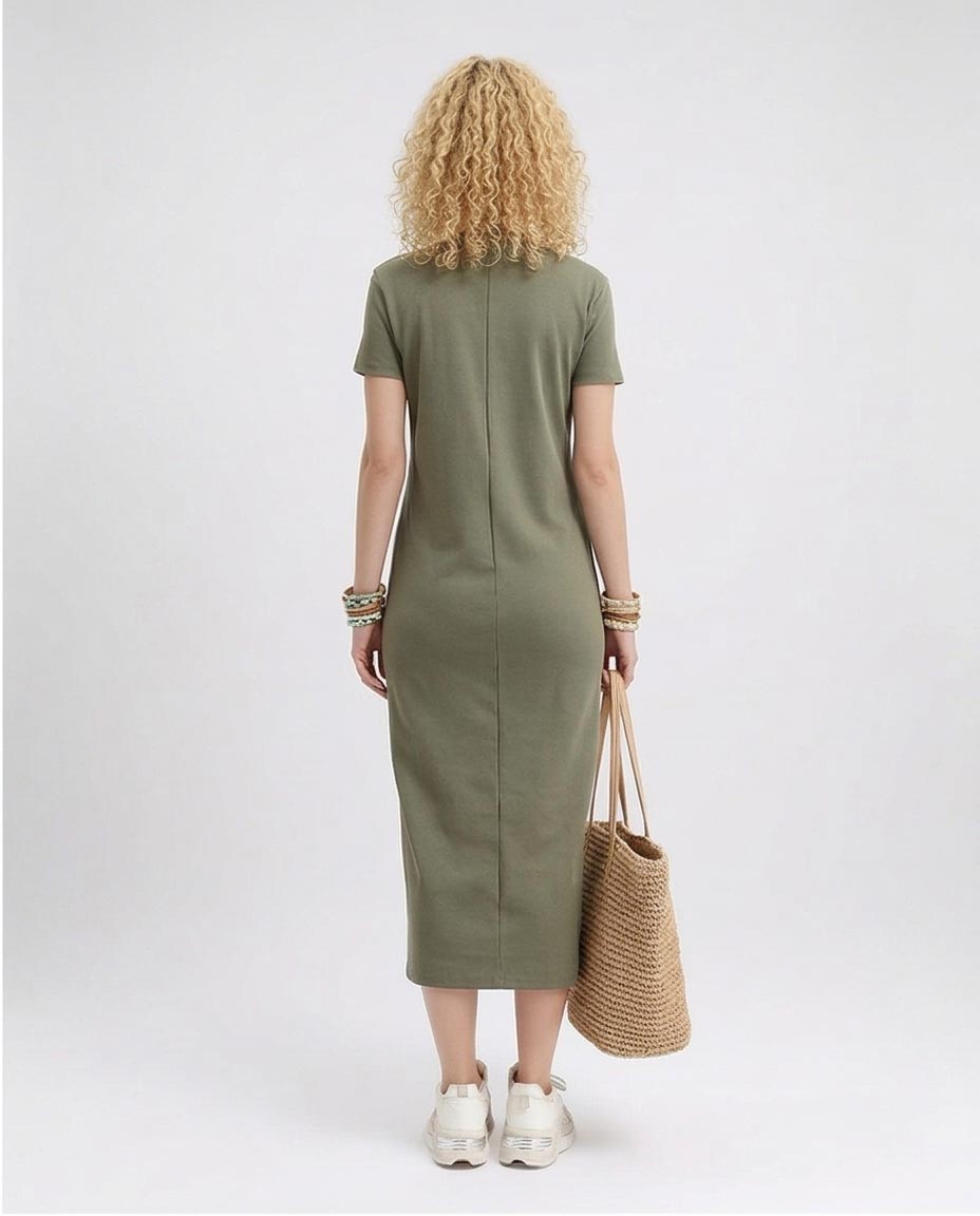 Short Sleeves Solid Midi Dress - Olive - R210661