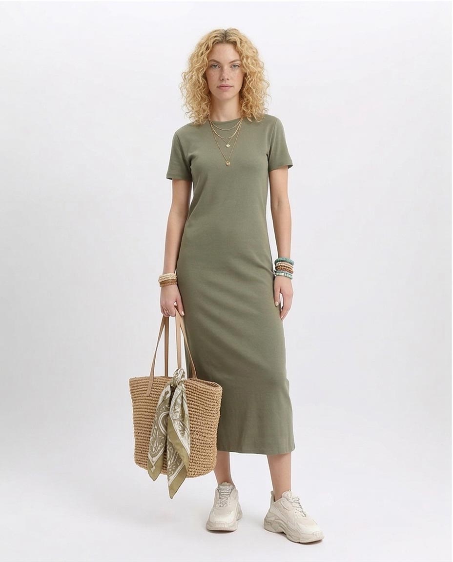 Short Sleeves Solid Midi Dress - Olive - R210661