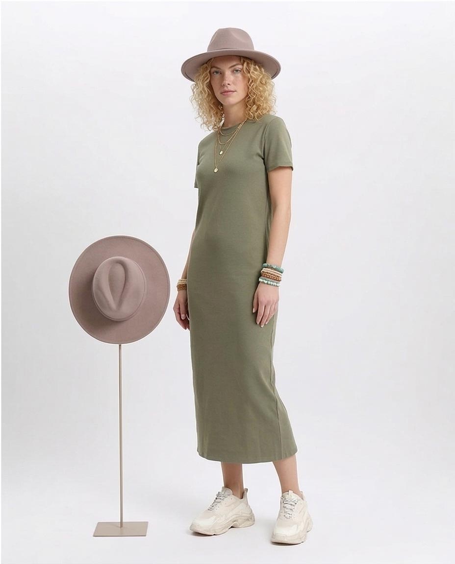 Short Sleeves Solid Midi Dress - Olive - R210661