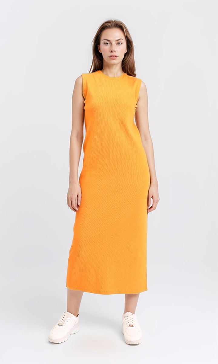Round Neck Sleeveless Midi Dress - Orange