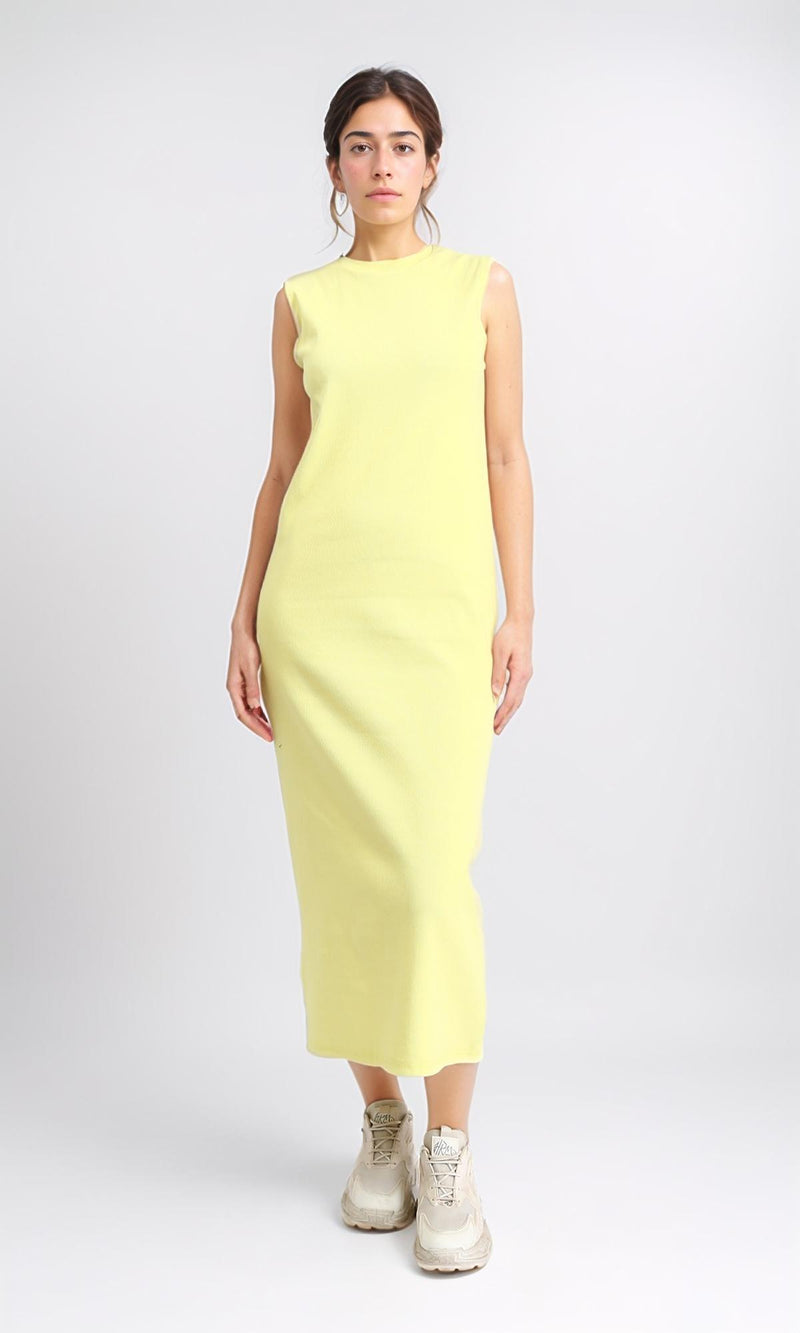 R210664 - Sleeveless Cotton Casual Midi Dress - Yellow