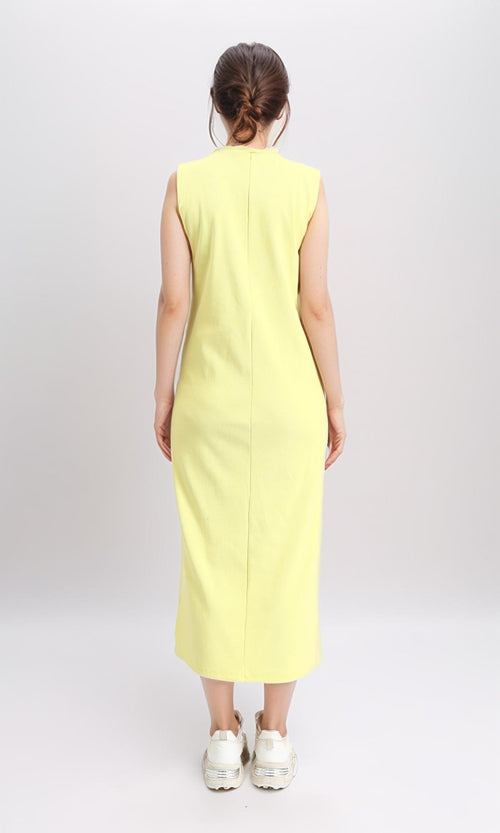 R210664 - Sleeveless Cotton Casual Midi Dress - Yellow