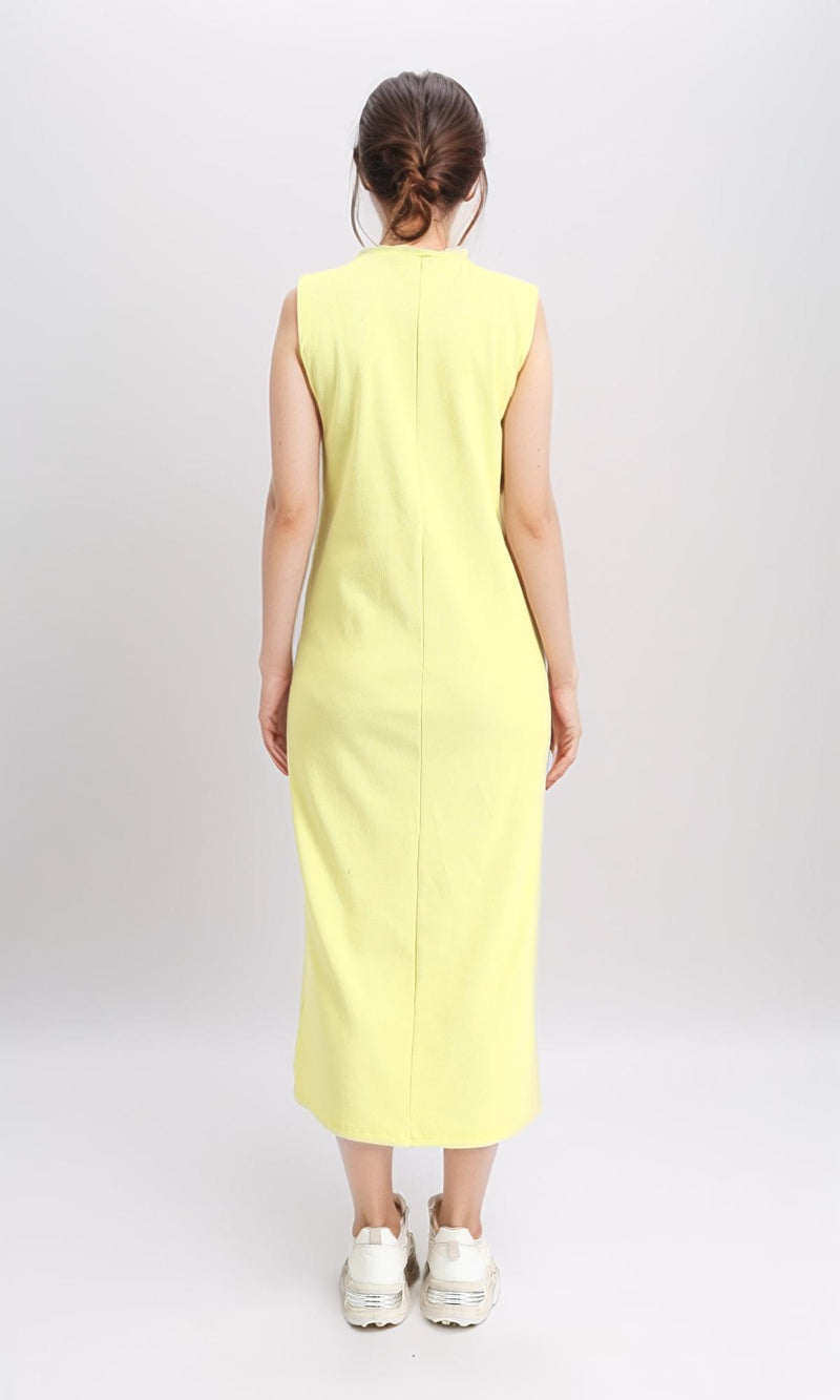 R210664 - Sleeveless Cotton Casual Midi Dress - Yellow