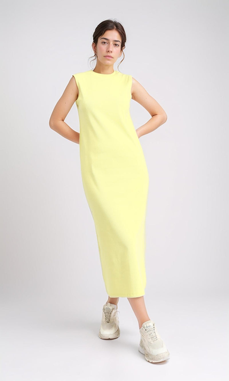 R210664 - Sleeveless Cotton Casual Midi Dress - Yellow