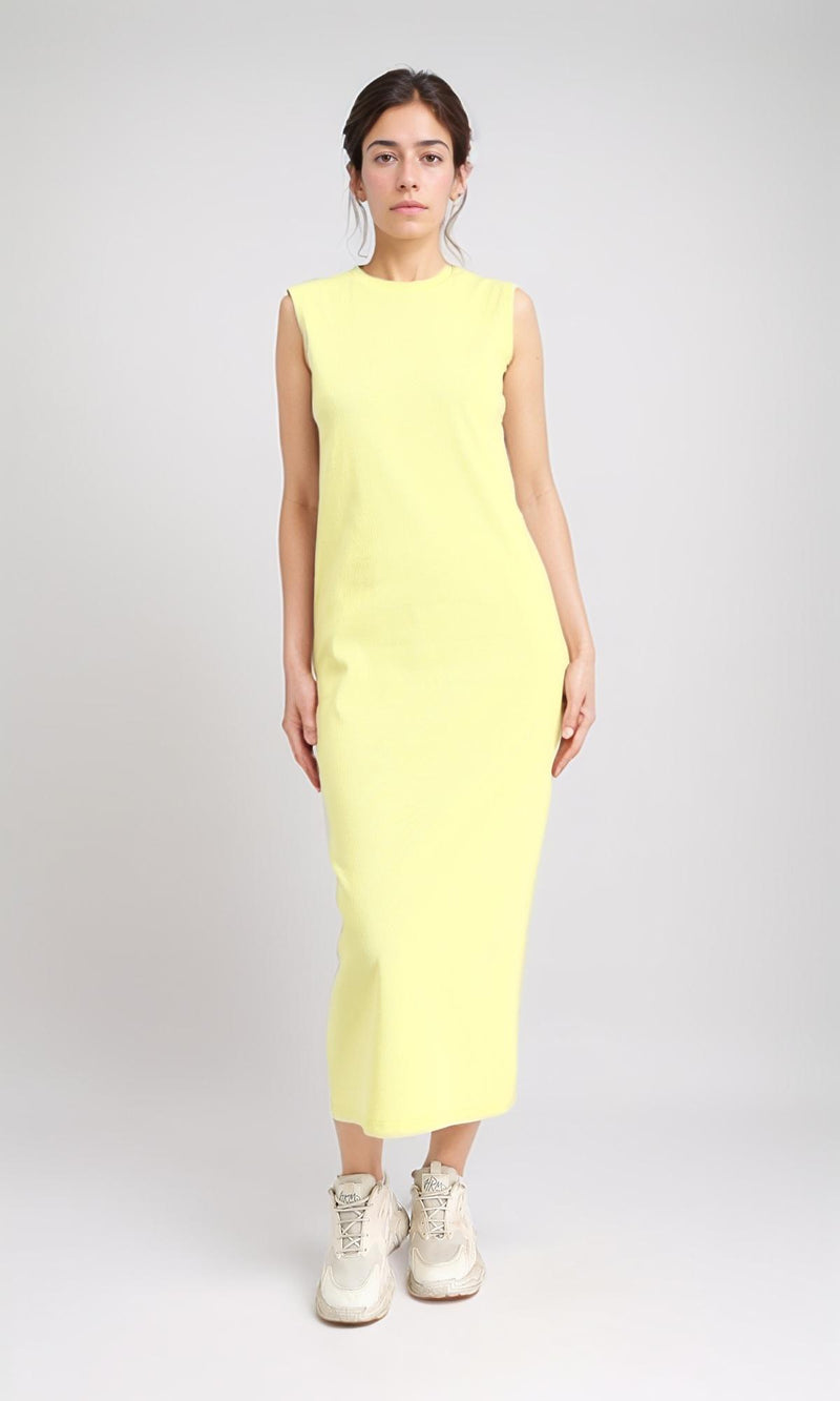 R210664 - Sleeveless Cotton Casual Midi Dress - Yellow
