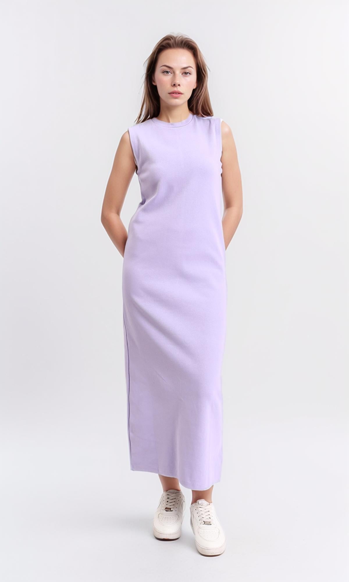 R210665 - Slip On Solid Casual Midi Dress - Light Purple