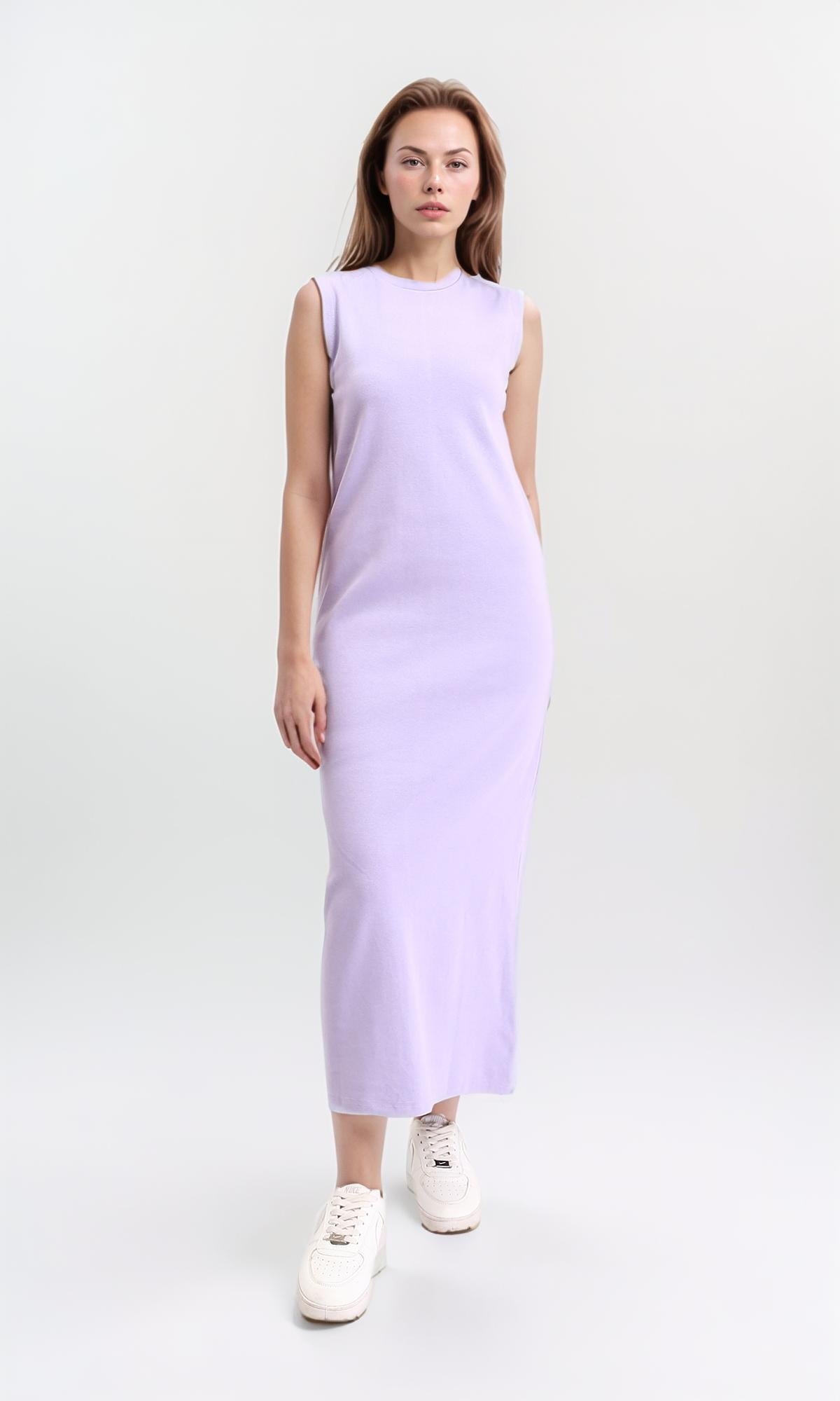 R210665 - Slip On Solid Casual Midi Dress - Light Purple