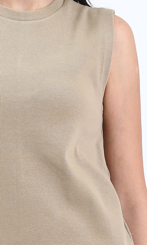 R210666 - Slip On Solid Casual Midi Dress - Light Coffee