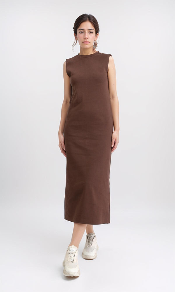 R210667 - Sleeveless Cotton Casual Midi Dress - Brown